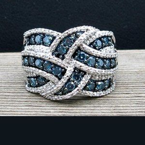 Silver Blue Wide Band Cocktail Ring Size 8 wave Silver Blue Stones